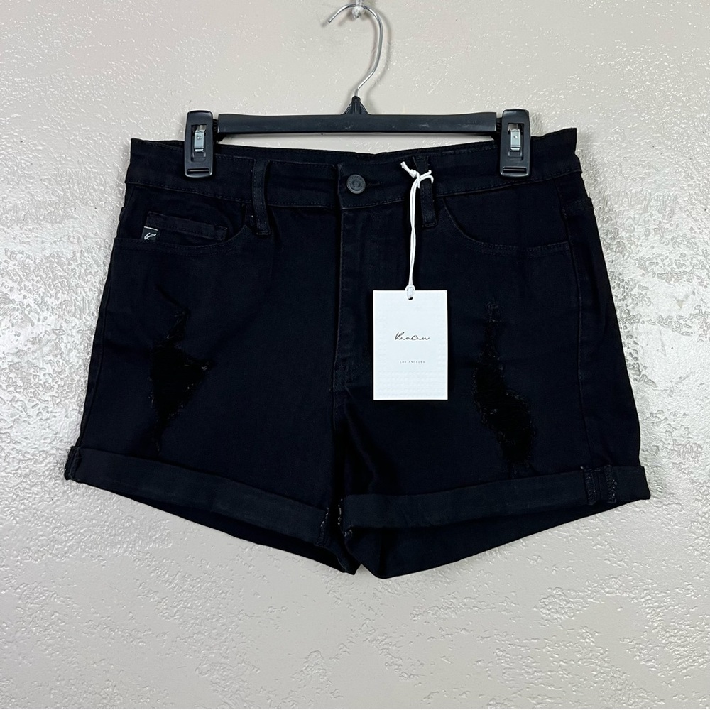 Kancan Womens Jean Shorts 11/ 29 High Rise Distressed Cuffed Stretch Denim Black